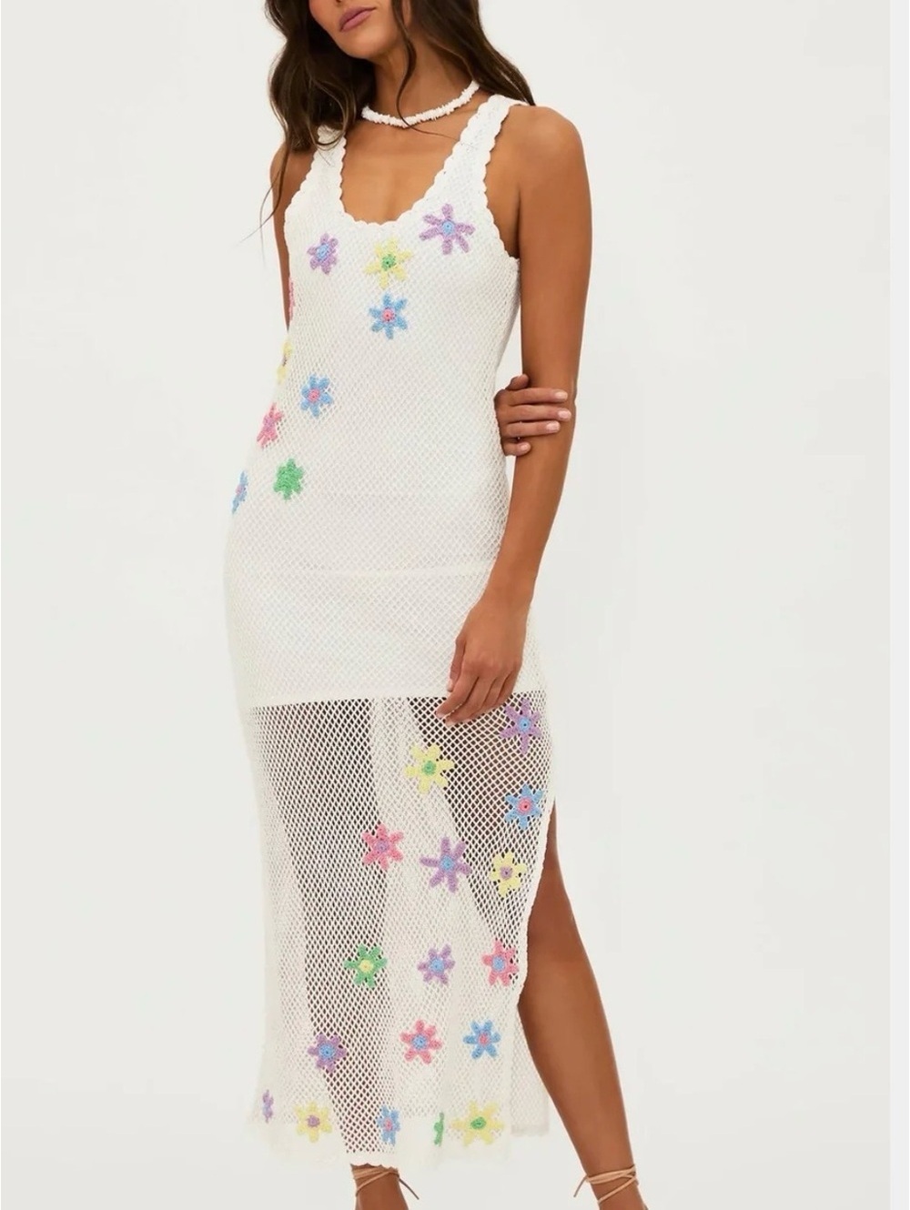 Beach Riot White Crochet Mesh Maxi Coverup with Pastel Floral Appliqués